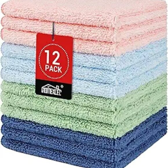 12 Pack Microfiber Washcloths 12x12 Soft Absorbent Face Towel Set Multicolor - Picture 8 of 8